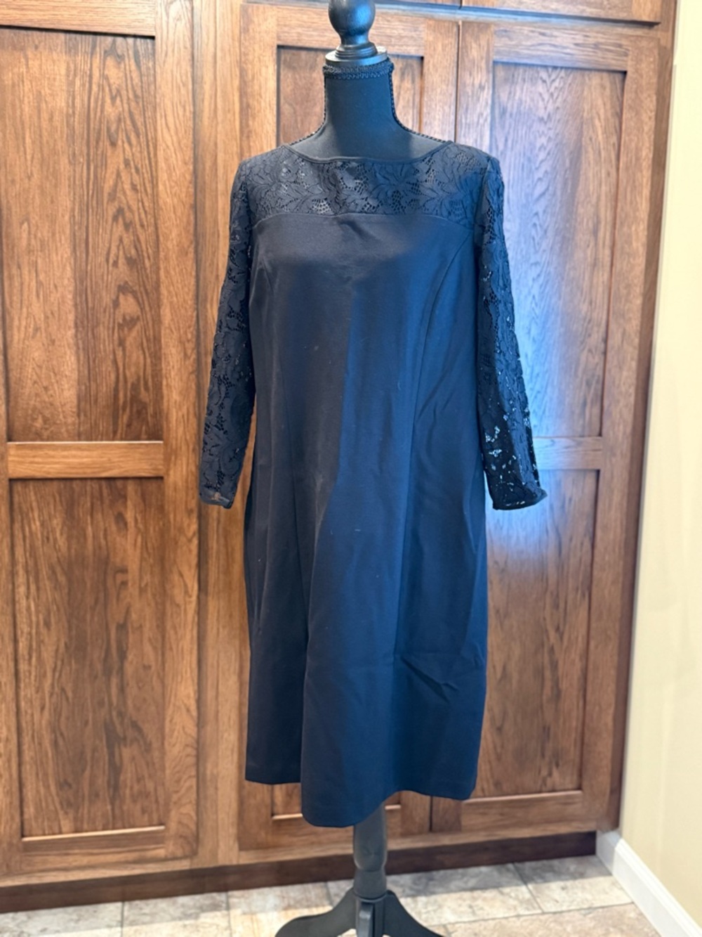 Talbots Black Lace-Sleeve Midi Shift Dress